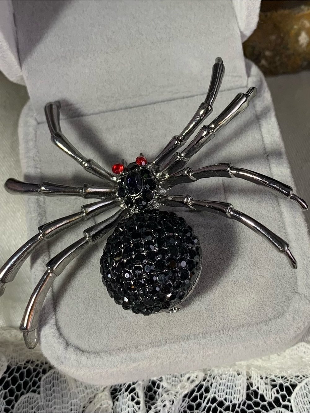 Black Crystal Spider Brooch with Red Accent Eyes - Women Jewelry